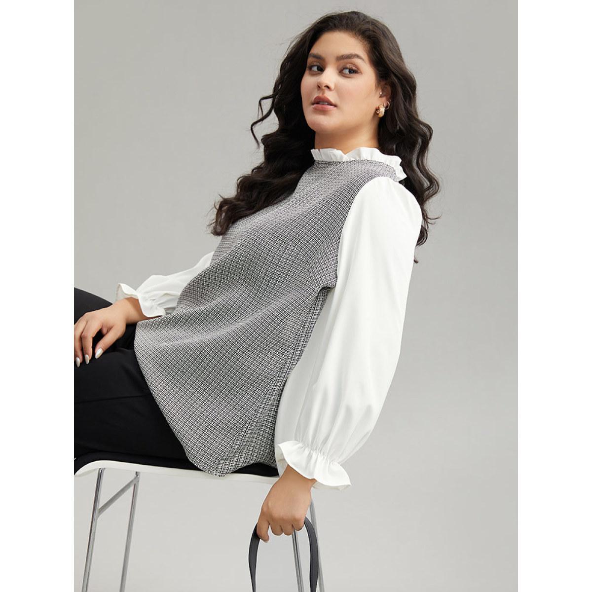 Plus Size White Gingham Ruffles Patchwork Frill Trim Blouse Women Office Long Sleeve Stand-up collar Work Blouses BloomChic 18-20/2X Product Image