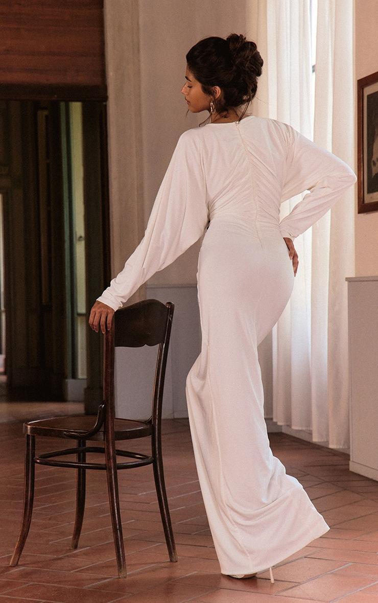PLT Label White Slinky Ruched Plunge Batwing Maxi Dress Product Image