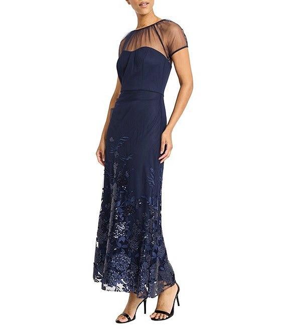 Maggy London Illusion Sweetheart Neck Draped Sequined Mesh Sheath Gown Product Image
