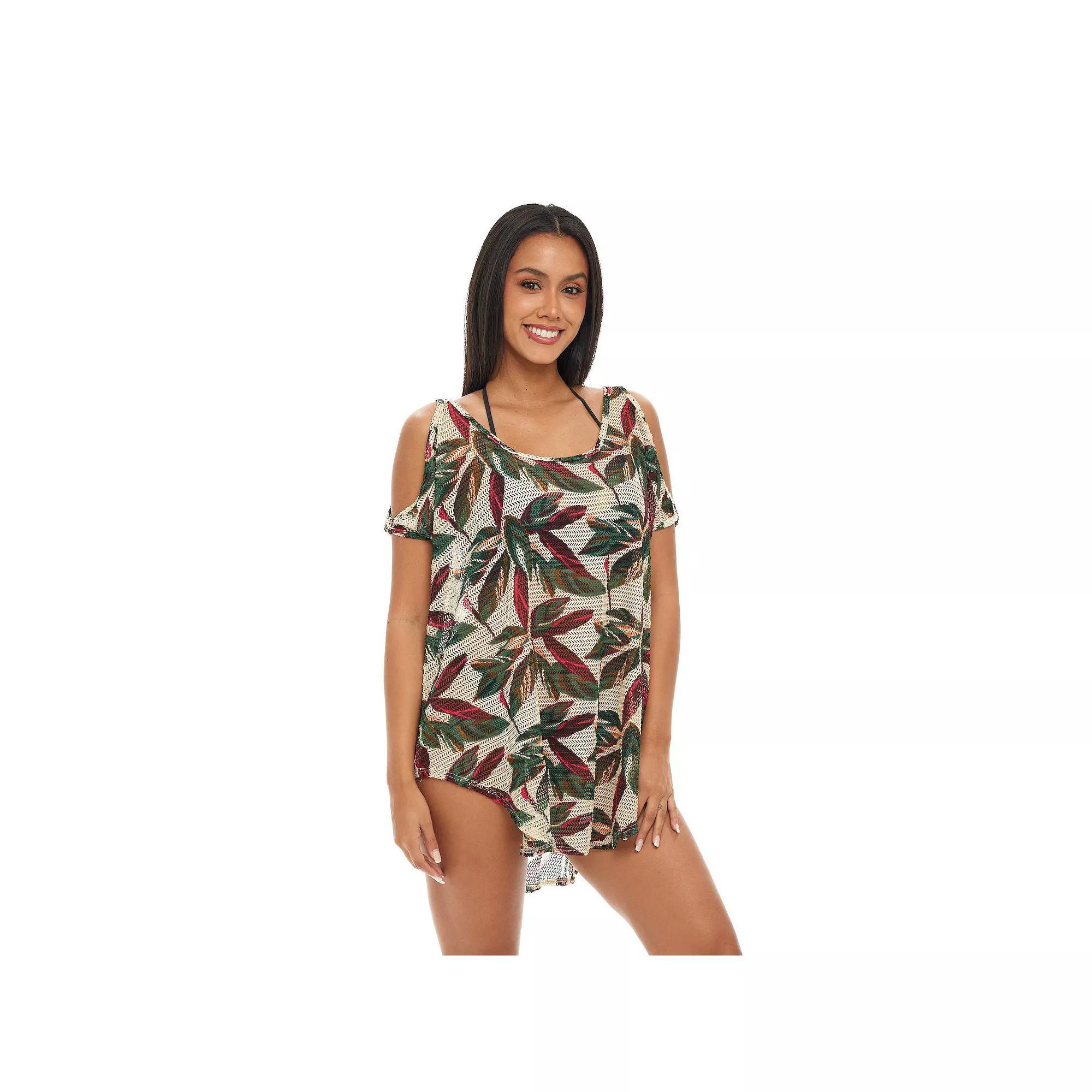Women's Jordan Taylor Printed Cold Shoulder Tunic Swim Cover-Up, Size: Medium, Beige Product Image