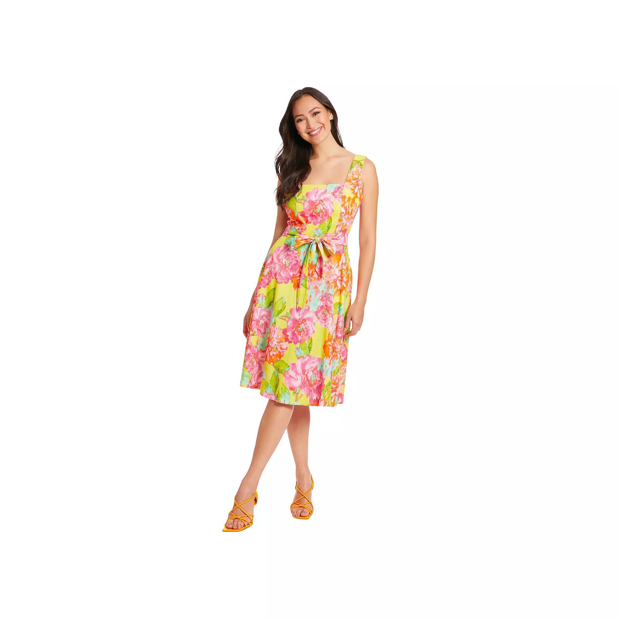 Women's London Times Floral Print Linen Squareneck Waist Sash Mini Dress, Size: 8, Yellow Pink Product Image