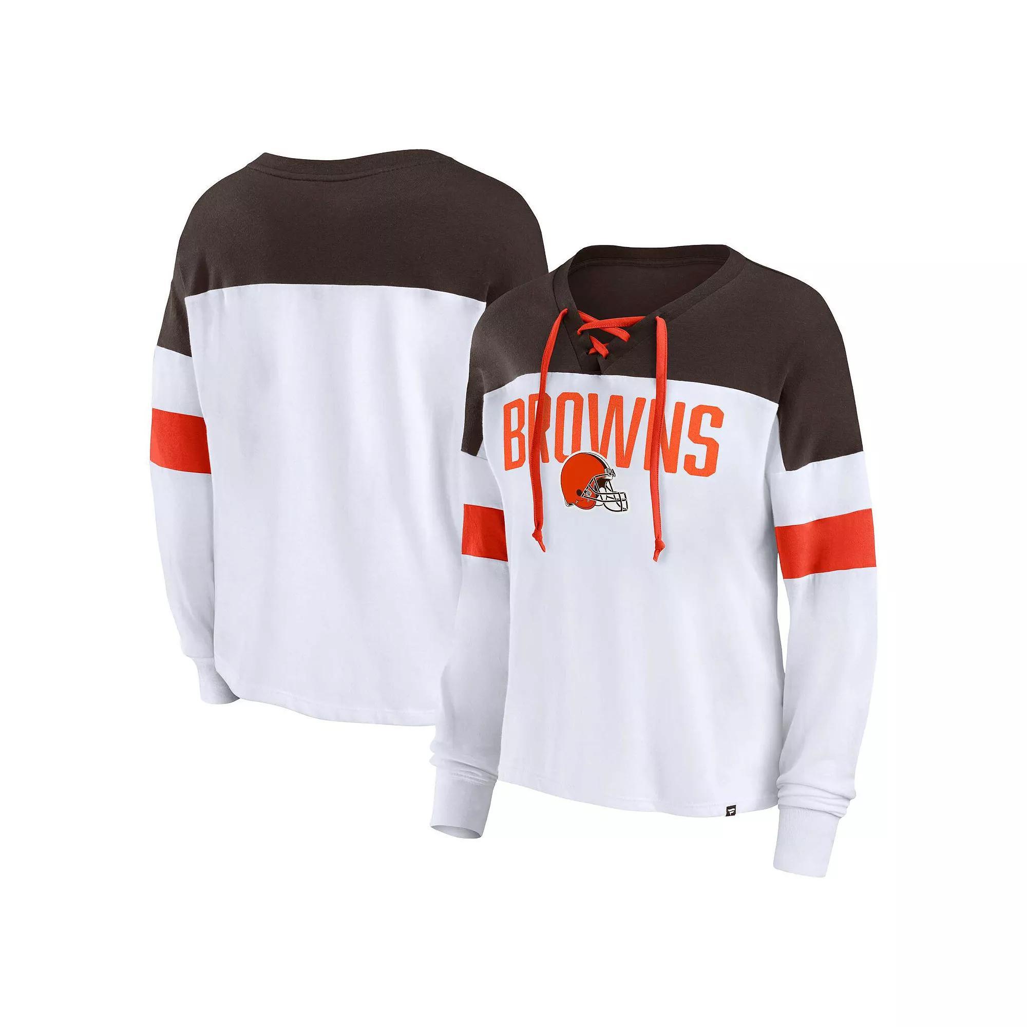 Women's Fanatics Branded White/Brown Cleveland Browns Plus Size Even Match Lace-Up Long Sleeve V-Neck T-Shirt, Size: 3XL Product Image