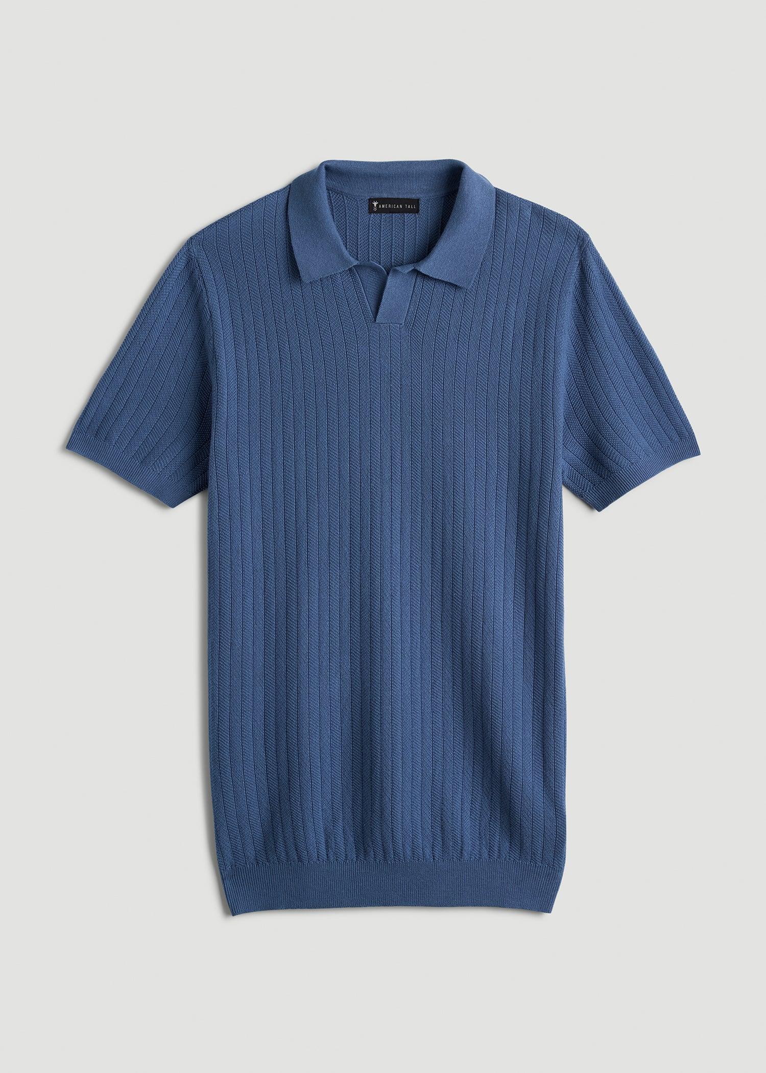 Linen Blend Ribbed Knit Polo Shirt for Tall Men in Steel Blue Product Image