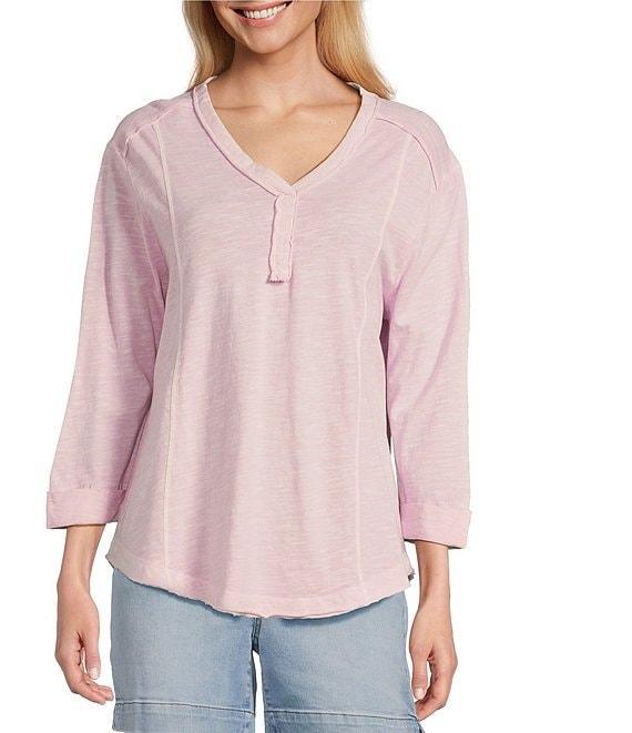 Westbound Petite Size Rolled 3/4 Sleeve Faux Henley Top Product Image