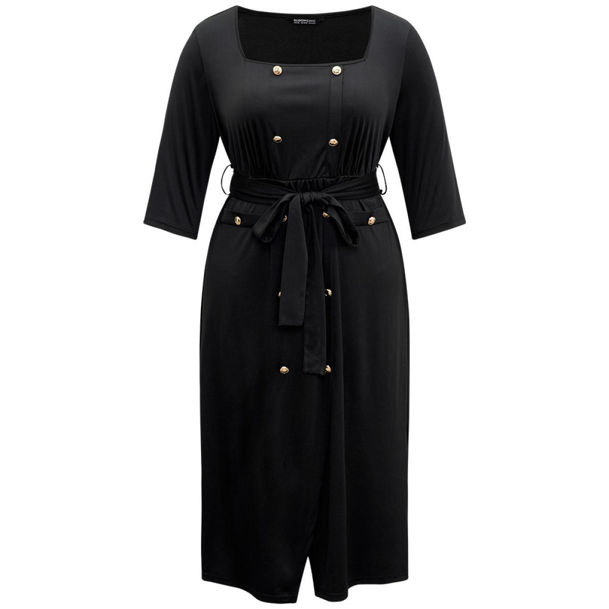 Plus Size Square Neck Metal Detail Belted Gathered Dress Black Women Office Plain Square Neck Elbow-length sleeve Curvy Midi Dress BloomChic 18-20/2X Product Image