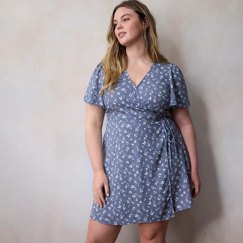 Plus Size LC Lauren Conrad Modern Wrap Mini Dress, Women's, Size: 1XL, Blue Dottie Fleur Product Image