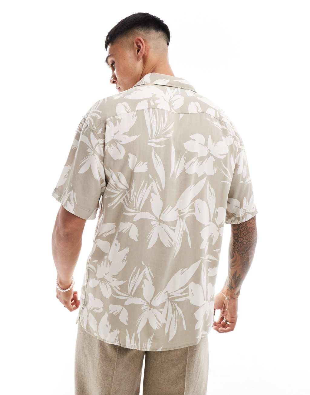 Jack & Jones floral shirt with revere collar in beige Product Image