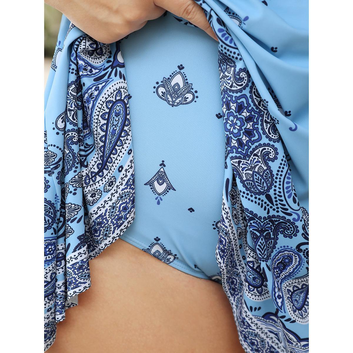 Plus Size Bandana Print Surplice Neck A Line Swim Dress Women's Swimwear LightBlue Vacation Bodycon V-neck High stretch Curve Swim Dresses BloomChic 18-20/2X Product Image