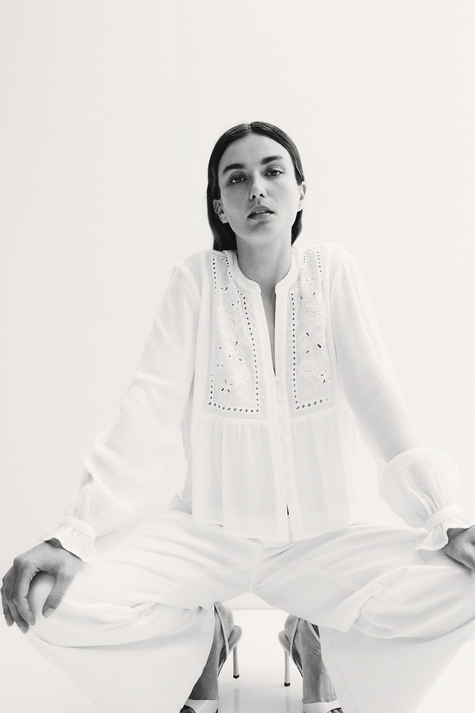 EMBROIDERED EYELET CROPPED BLOUSE Product Image