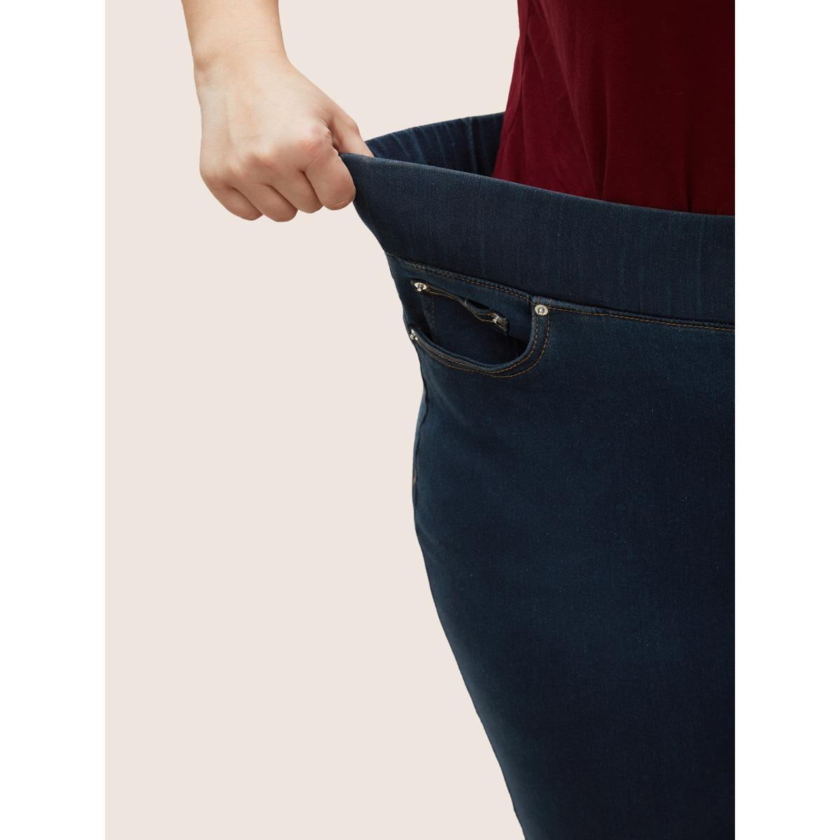 Plus Size Black Wash Button Detail Elastic Wais Slim Jeans Women Denimindigo Elegant Plain Non High stretch Pocket Jeans BloomChic 22/3X Product Image