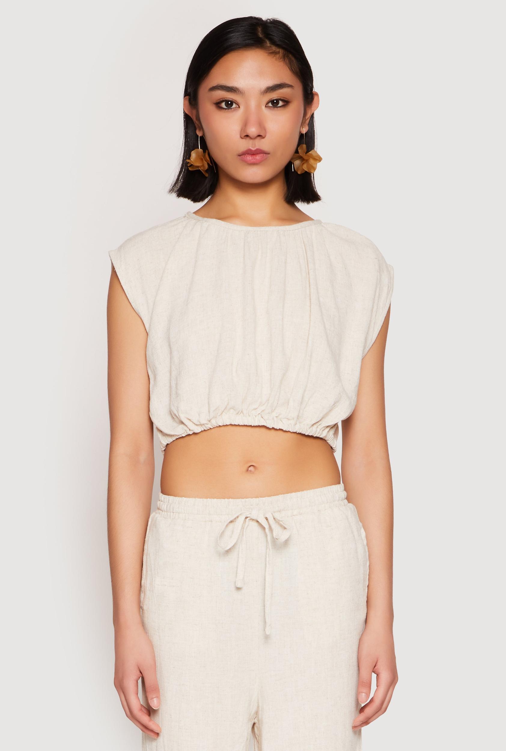Womens Linen Ruched Elastic Hem Crop Top Product Image