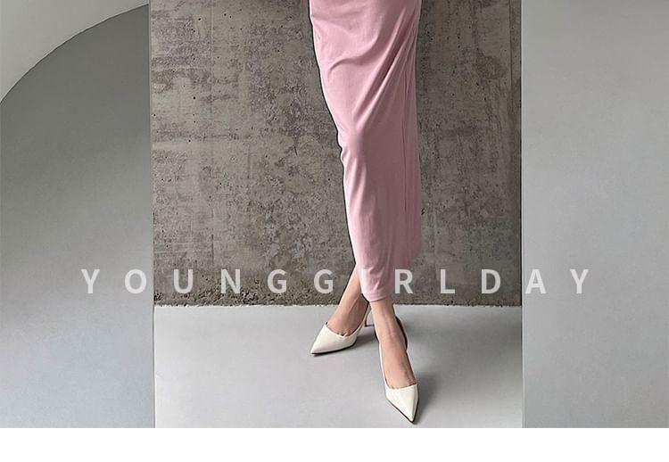 Long Sleeve V-Neck Plain Gathered Slit Maxi Sheath Dress Product Image