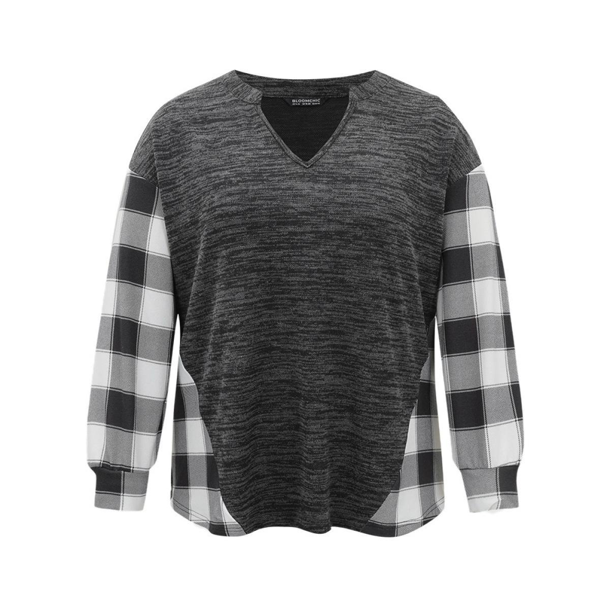Plus Size Plaid Patchwork Heather Notched Sweatshirt Women Black Casual Contrast Notched collar Dailywear Sweatshirts BloomChic 12/L Product Image