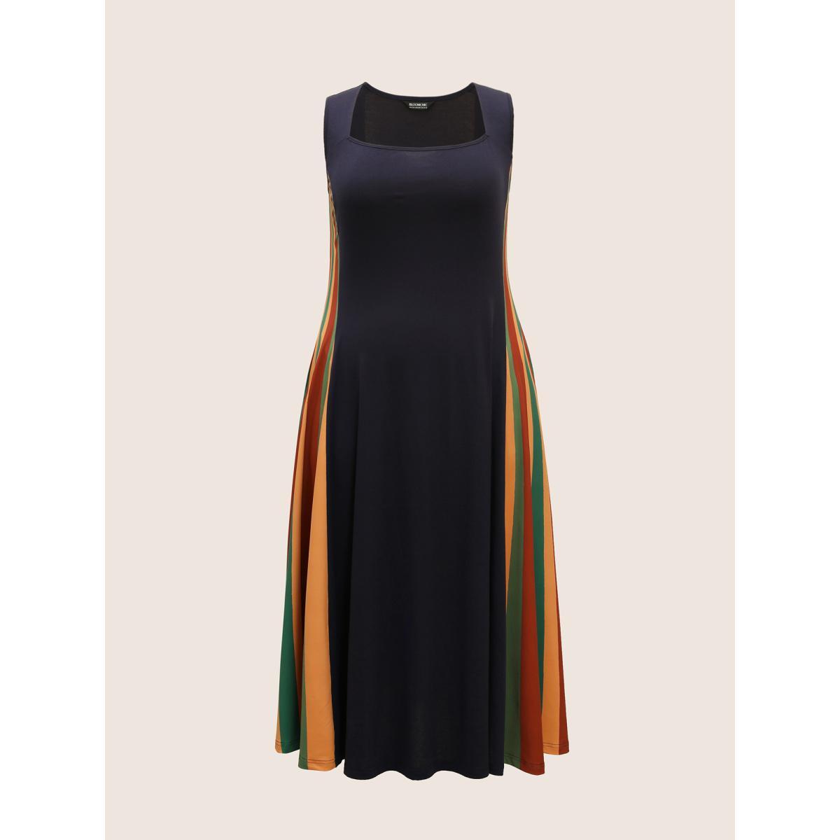 Plus Size Square Neck Patchwork Striped Maxi Dress Navy Women Casual Contrast Square Neck Sleeveless Curvy BloomChic 26/4X Product Image