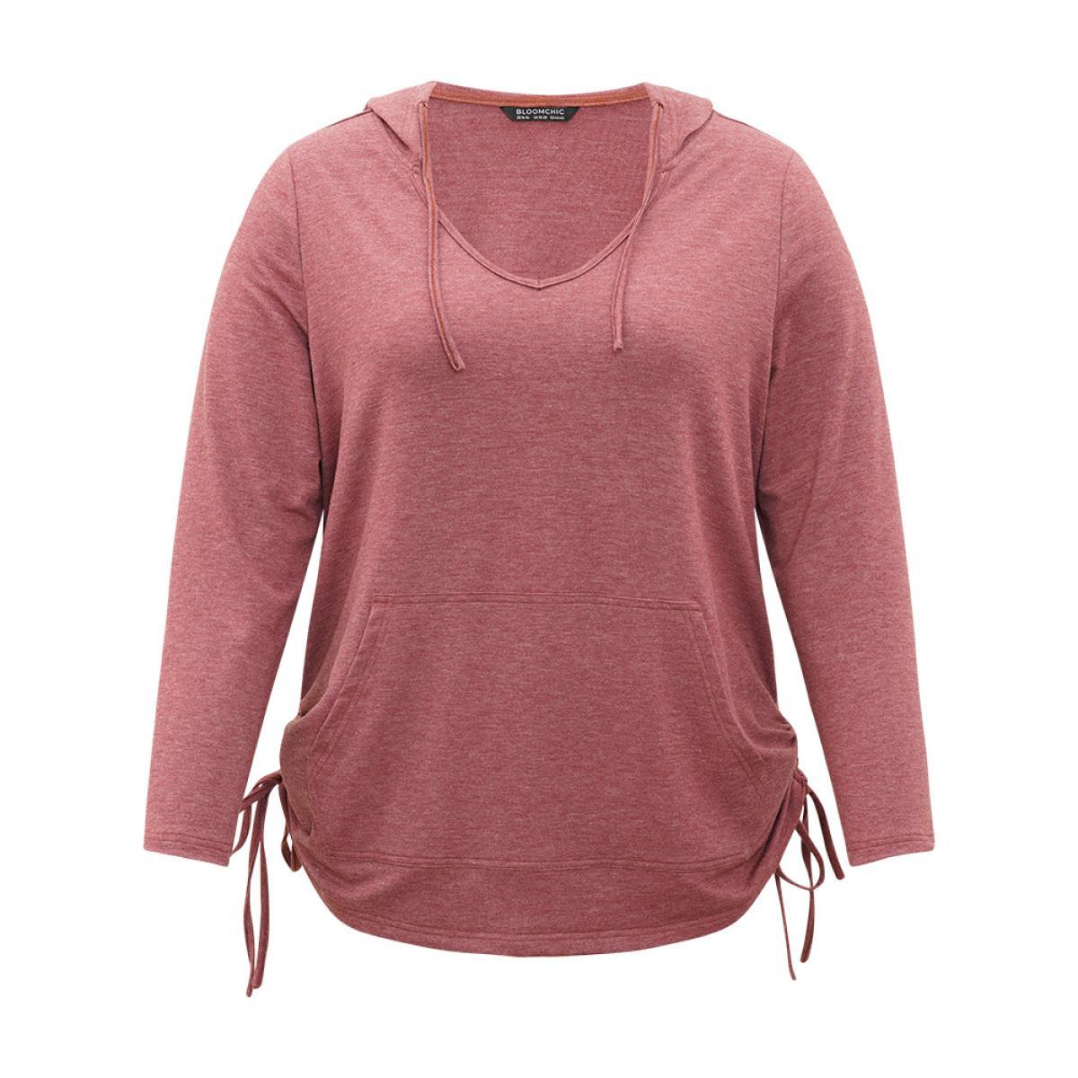 Plus Size Plain Heather Pocket Drawstring Hooded Sweatshirt Women Russet Elegant V-neck Dailywear Sweatshirts BloomChic 14-16/1X Product Image