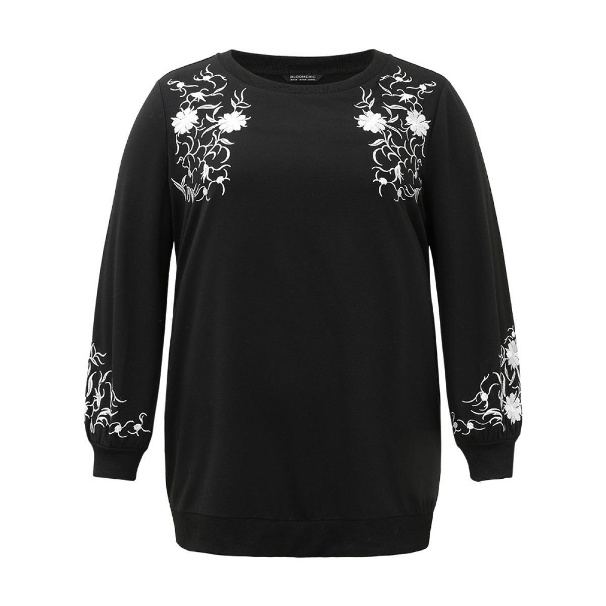 Plus Size Floral Embroidered Pocket Elastic Cuffs Sweatshirt Women Black Elegant Rib Knit Round Neck Dailywear Sweatshirts BloomChic 14-16/1X Product Image