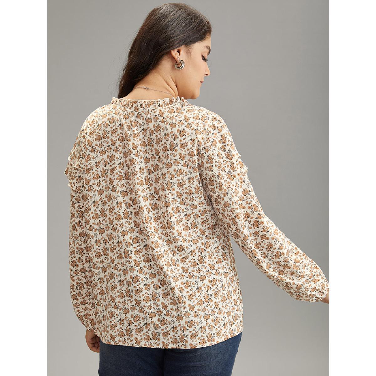 Plus Size Apricot Ditsy Floral Notched Tiered Ruffles Lantern Sleeve Blouse Women Elegant Long Sleeve Notched collar Dailywear Blouses BloomChic 22-24/3X Product Image