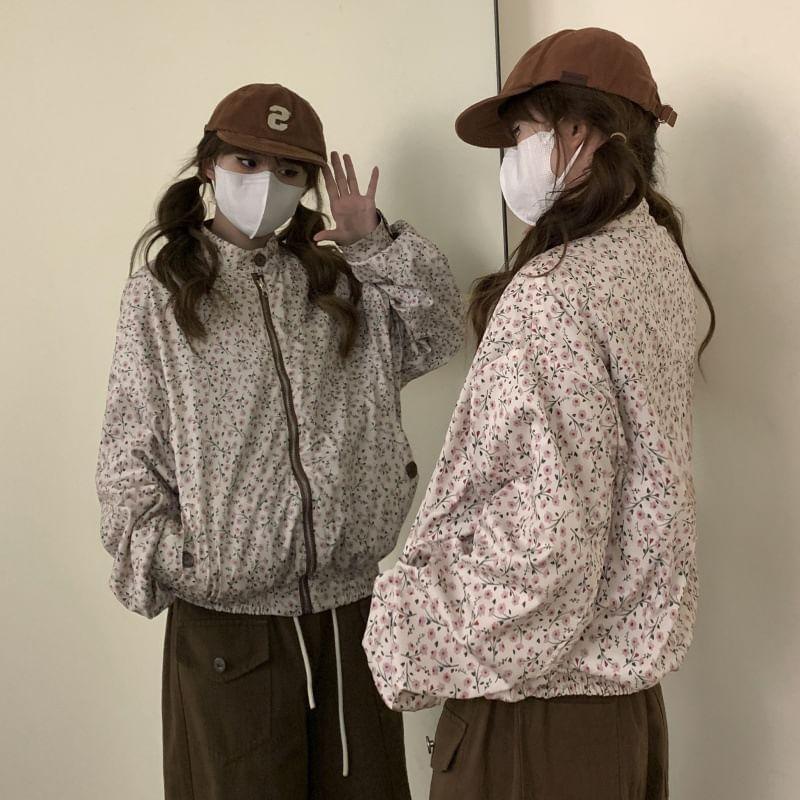 Stand Collar Floral Print Reversible Zip Jacket Product Image