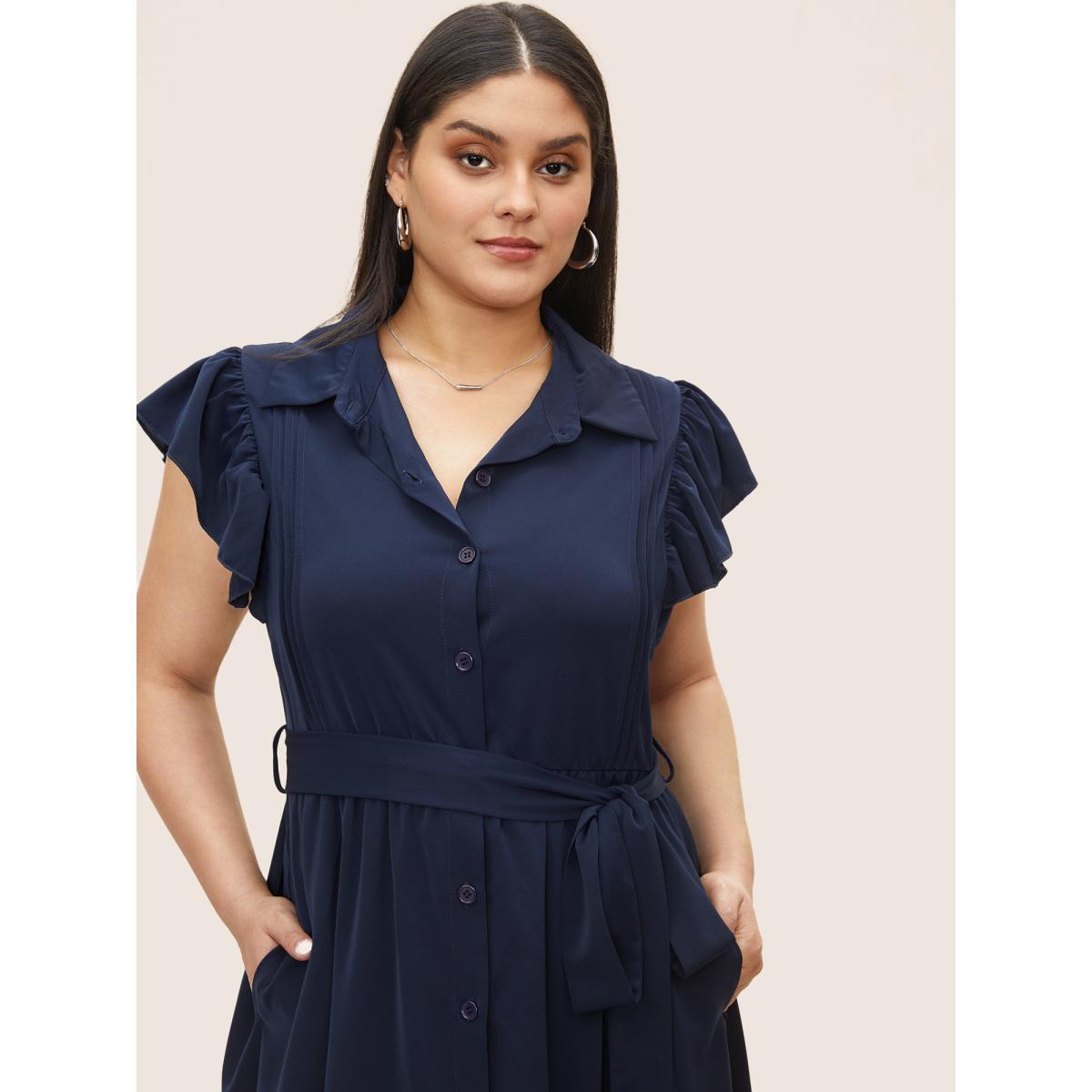 Plus Size Plain Pleated Button Through Cap Sleeve Dress Indigo Women At the Office Gathered Shirt collar Cap Sleeve Curvy Midi Dress BloomChic 22-24/3X Product Image