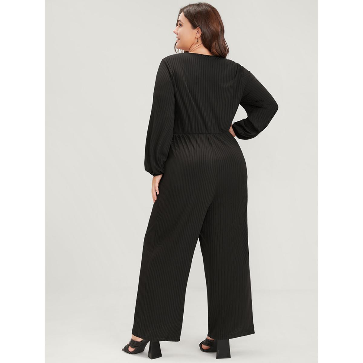 Plus Size Black Plain Zipper Half Lantern Sleeve Pocket Rib Knit Jumpsuit Women Office Long Sleeve Round Neck Work Loose Jumpsuits BloomChic 14-16/1X Product Image