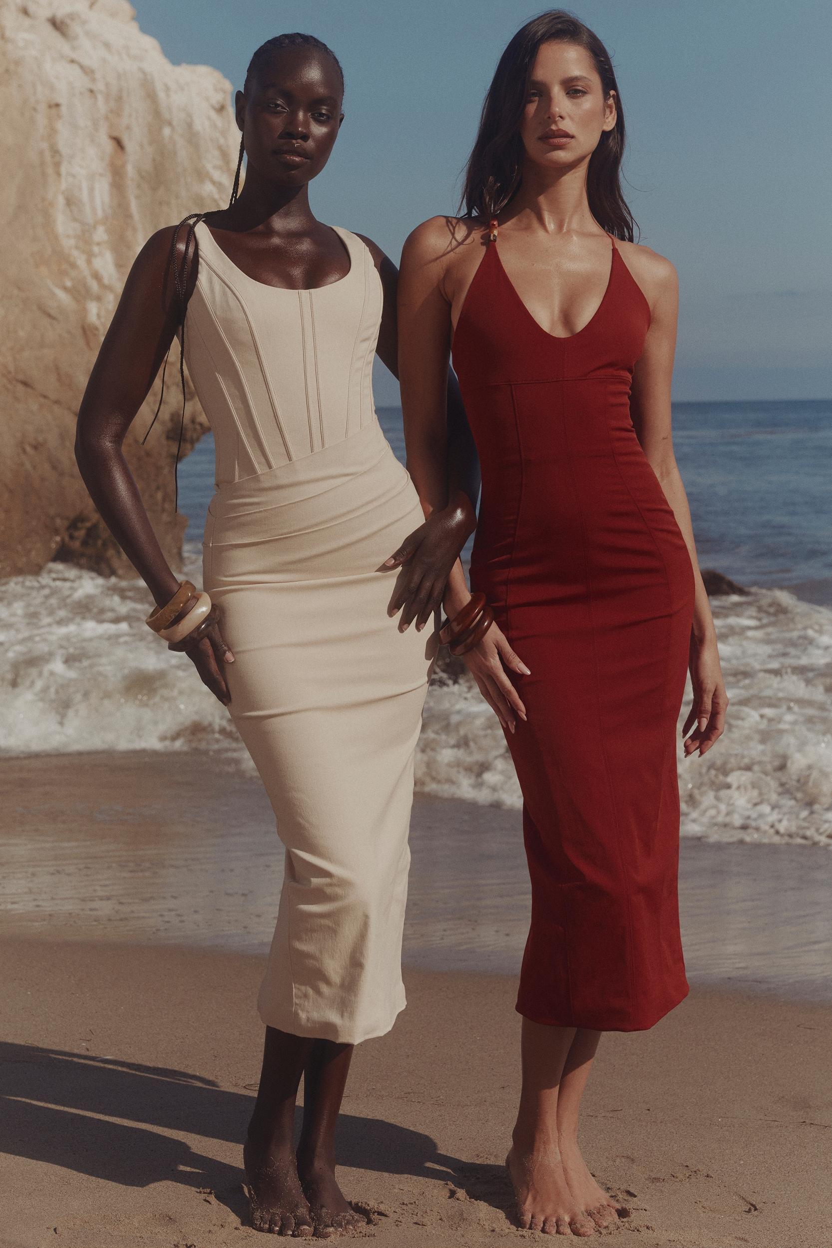 Ria  terracotta stretch cotton fitted midi dress Product Image