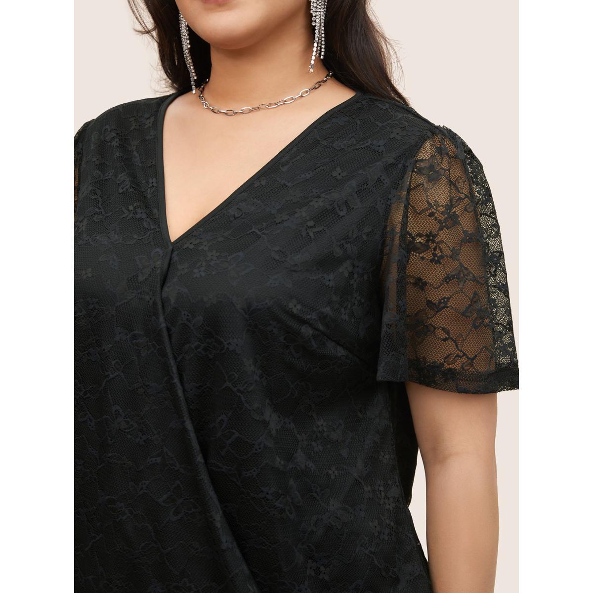 Plus Size Black Overlap Collar Mesh Patchwork Lace Insert Blouse Women Cocktail Short sleeve Overlap Collar Party Blouses BloomChic 28/5X Product Image