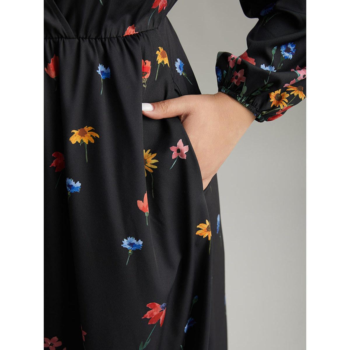 Plus Size Boho Print Overlap Collar Lantern Sleeve Dress Black Women Elegant Elastic cuffs Overlap Collar Long Sleeve Curvy Midi Dress BloomChic 14-16/1X Product Image