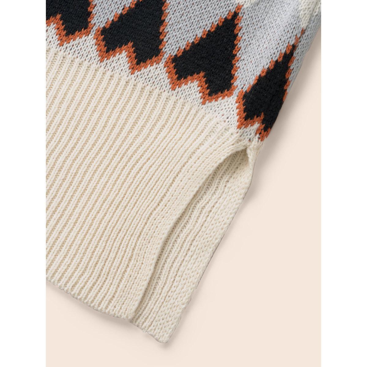 Plus Size Fair Isle Crew Neck Split Hem Pullover Beige Women Casual Long Sleeve Round Neck Everyday Pullovers BloomChic 12/L Product Image
