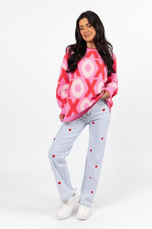 Hugs and Kisses Pink and Red Multi Embroidered Sweater SALE Product Image