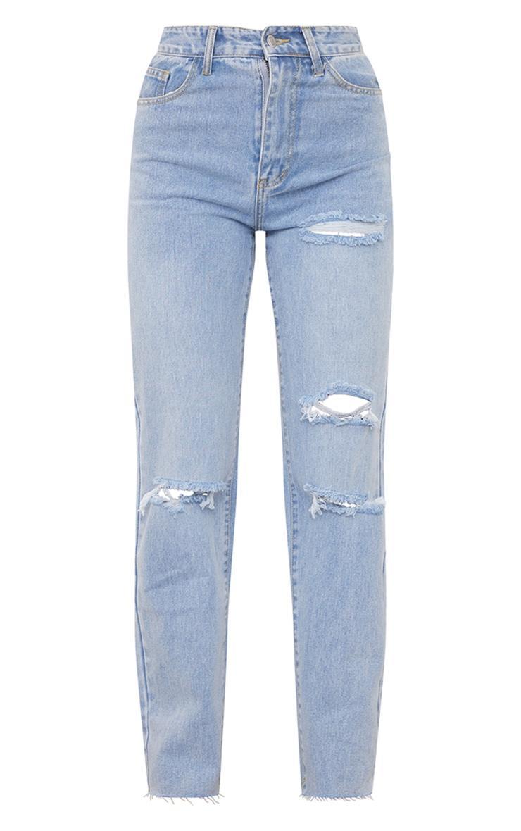 PRETTYLITTLETHING Light Blue Wash Ripped Long Leg Straight Jeans Product Image