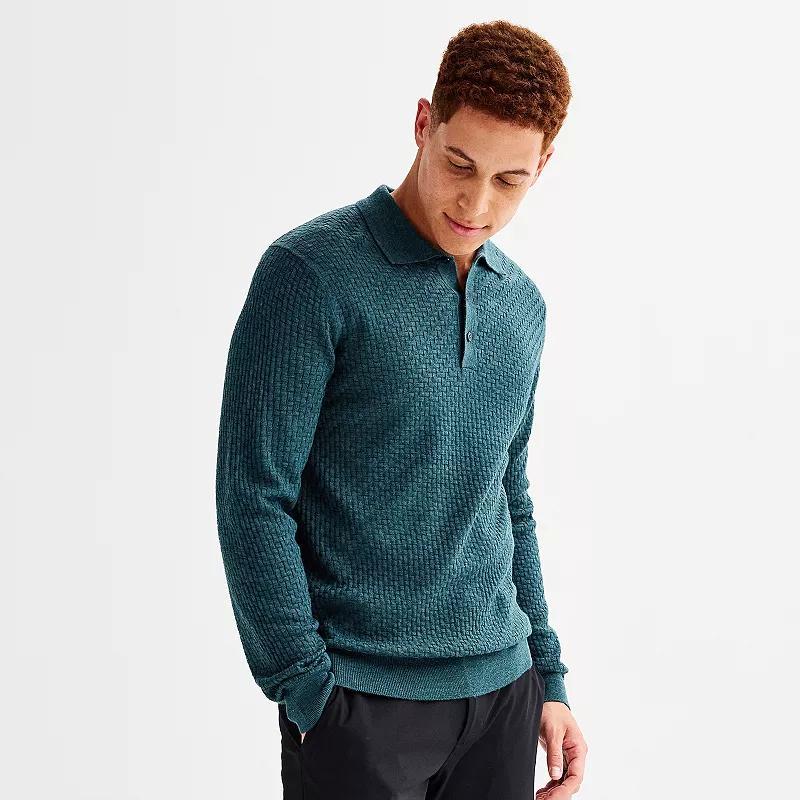 Mens Apt. 9 Merino Blend Textured Sweater Polo Teal Green Grey Product Image