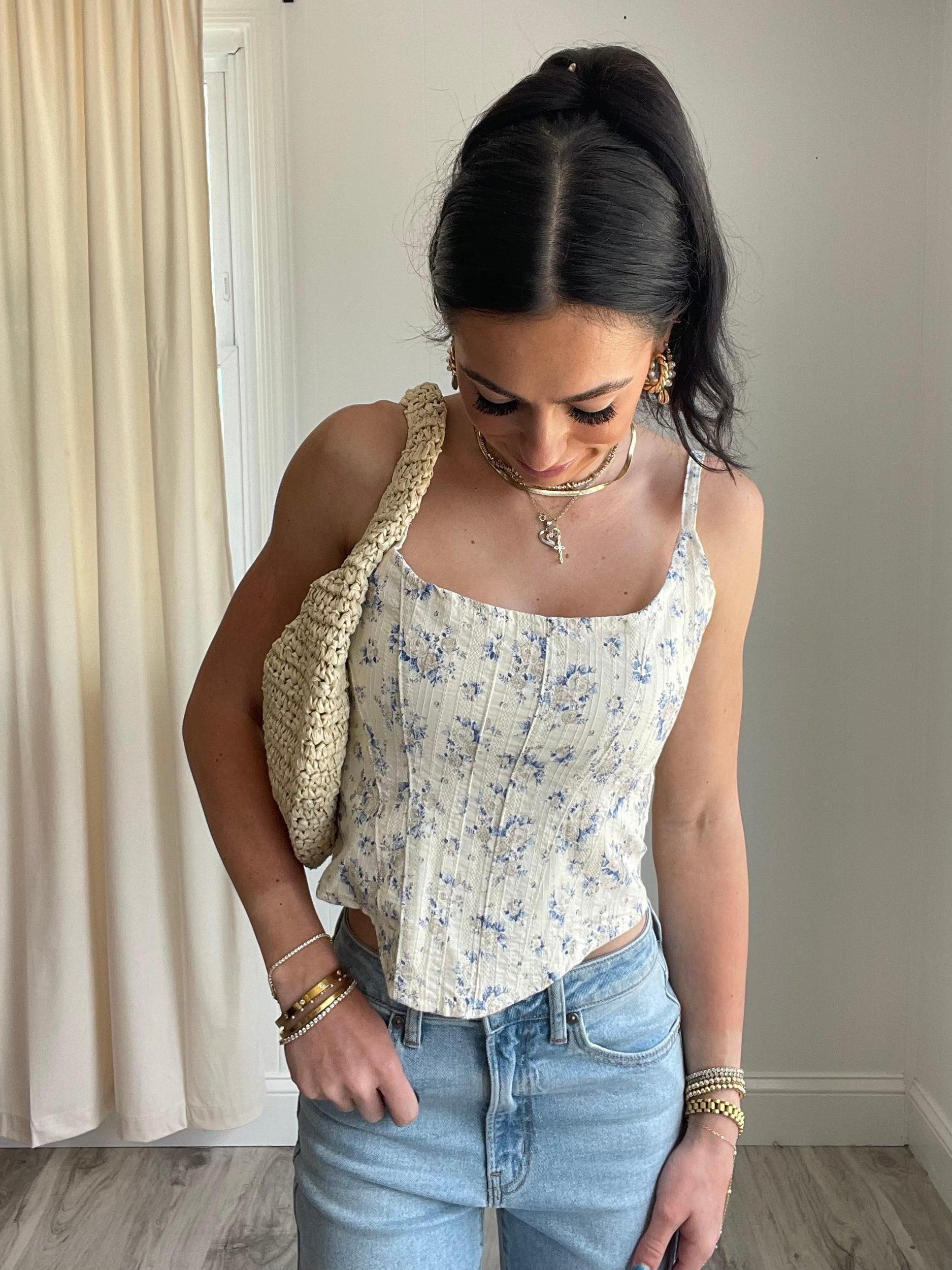 FINAL SALE Lena Ditsy Floral Corset Tank Top | Blue Cream Product Image