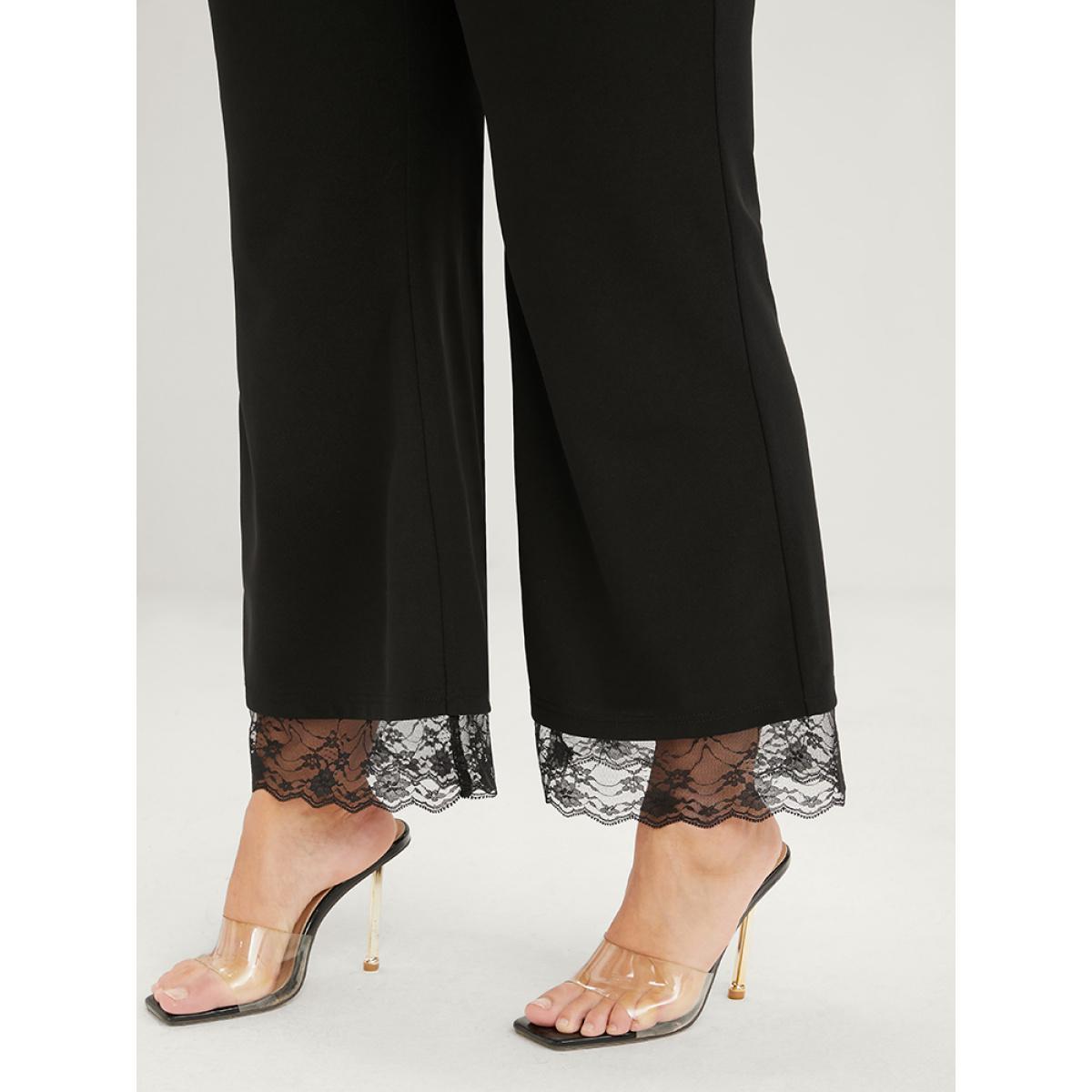 Plus Size Solid Fake Button Scalloped Lace Trim Elastic Waist Pants Women Black Elegant Loose High Rise Dailywear Pants BloomChic 30/6X Product Image