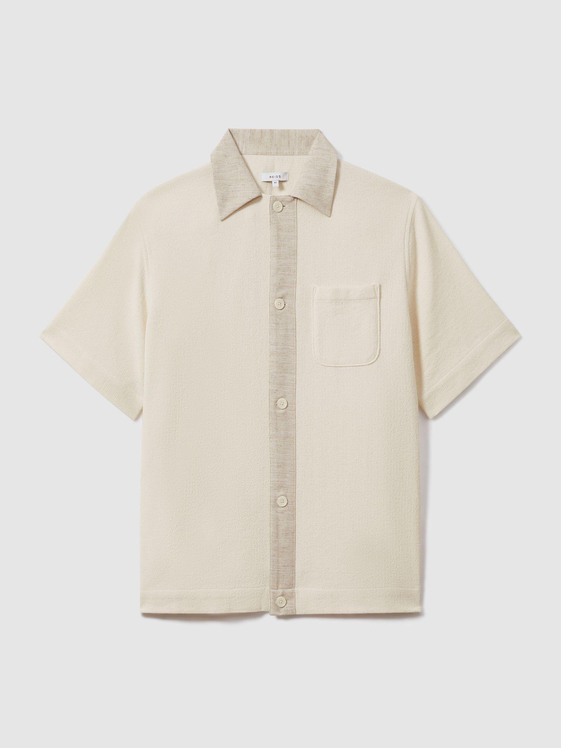 Textured Cotton Blend Contrast Shirt in Ecru Product Image