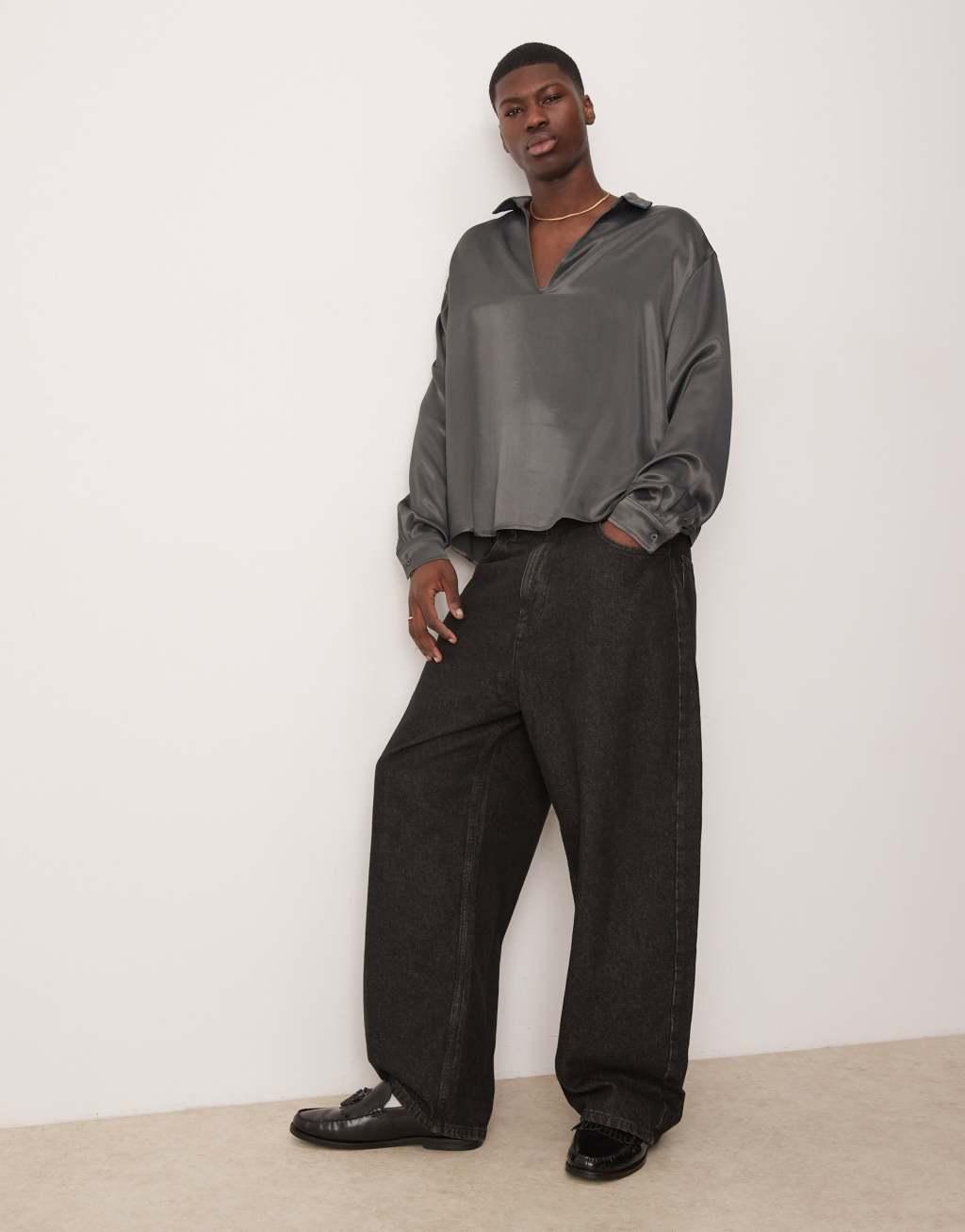 ASOS DESIGN long sleeve satin shirt with deep v in charcoal Product Image