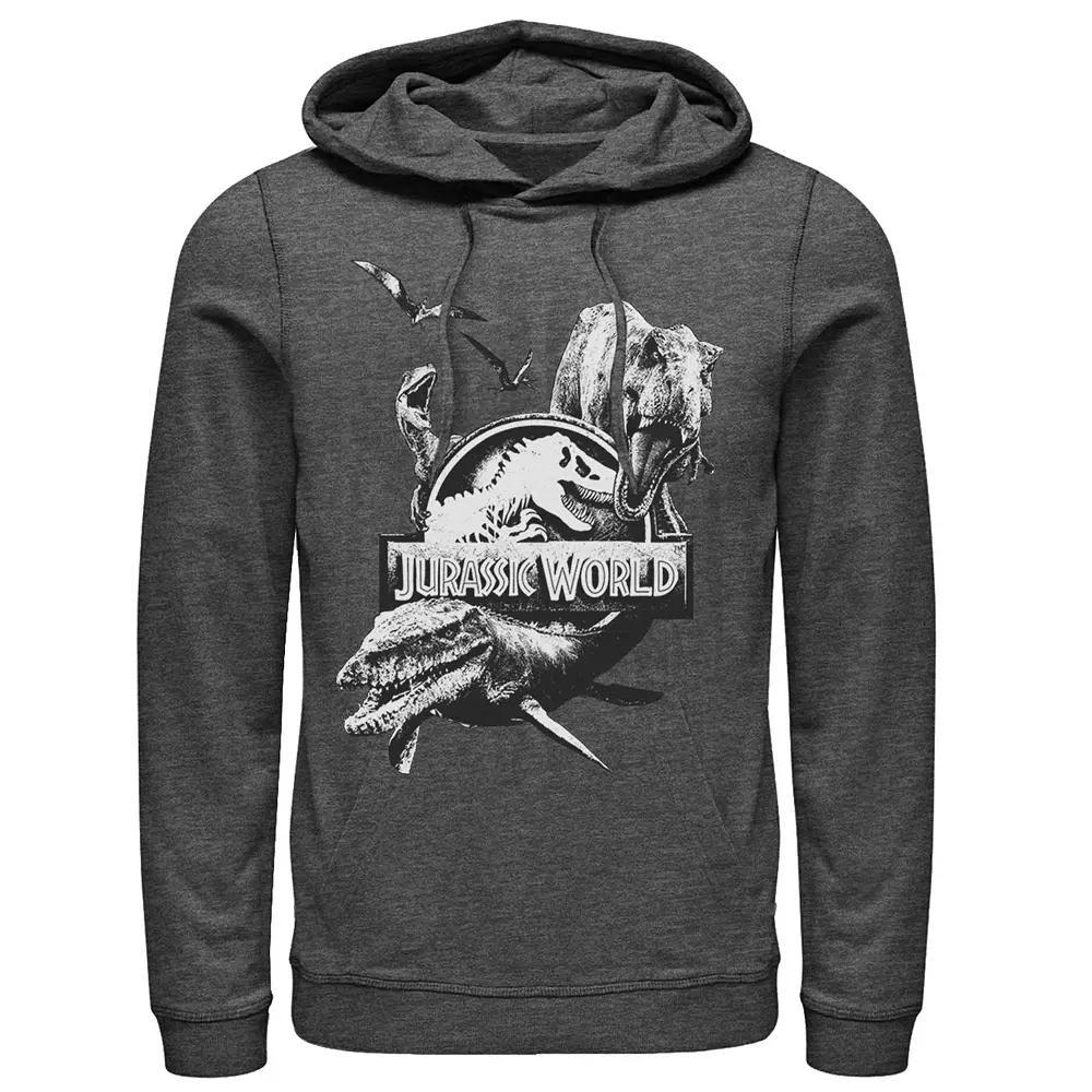 Men's Jurassic World Two Dino Collage Grunge Logo Hoodie, Size: Medium, Grey Heather Product Image