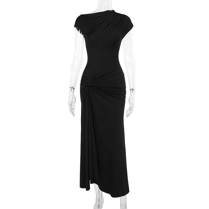 Short-Sleeve Asymmetrical Neck Plain Ruched Side-Slit Maxi Sheath Dress Product Image