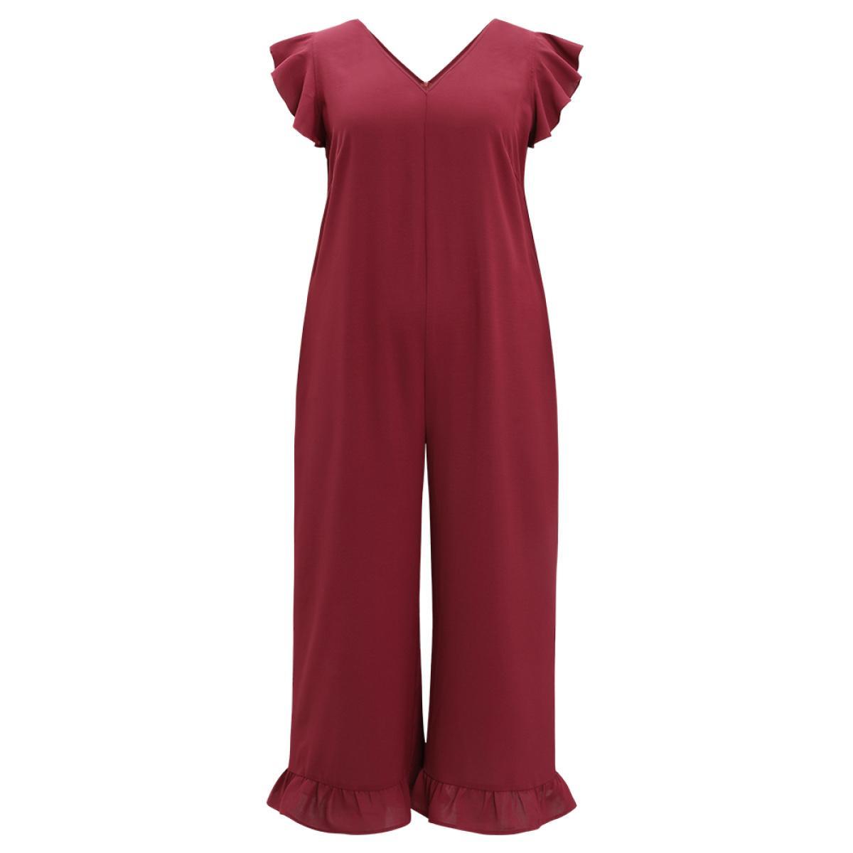 Plus Size Burgundy Plain Ruffle Cap Sleeve V Neck Zipper Jumpsuit Women Casual Cap Sleeve V-neck Dailywear Loose Jumpsuits BloomChic 22-24/3X Product Image