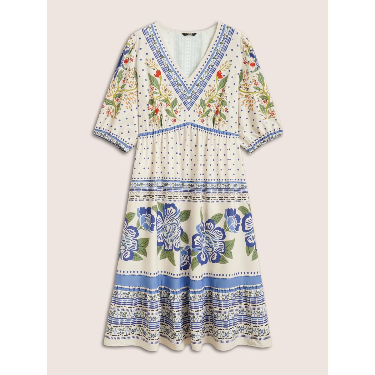 Plus Size V Neck Floral Print Elastic Waist Lantern Sleeve Dress Blue Women Resort Gathered V-neck Sleeveless Curvy Midi Dress BloomChic 12/L Product Image