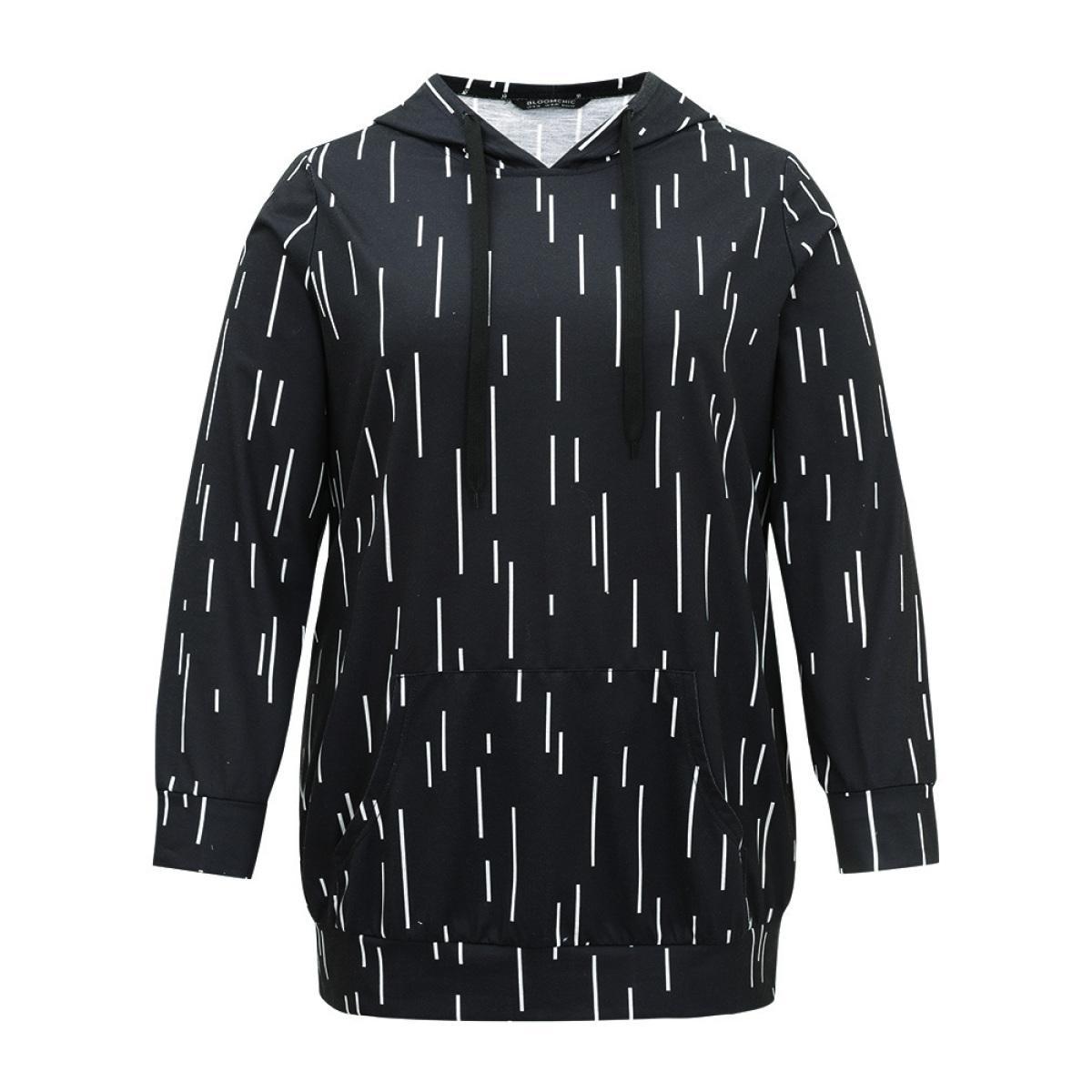 Plus Size Striped Asymmetrical kangaroo pocket Hooded Sweatshirt Women Black Casual Printed Hooded Dailywear Sweatshirts BloomChic 14-16/1X Product Image