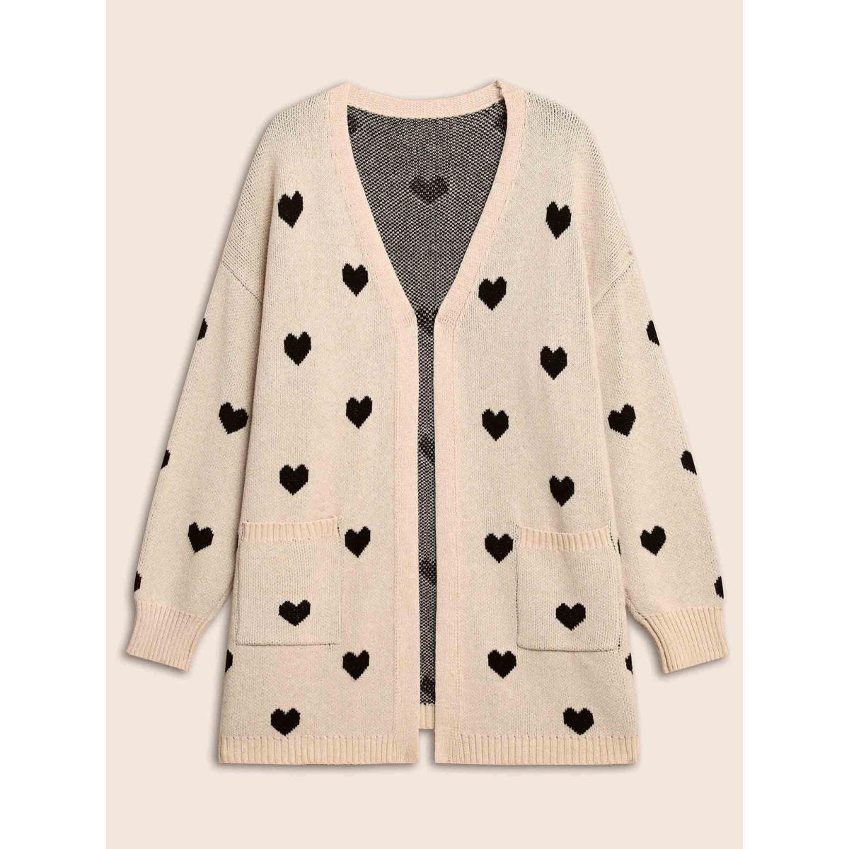 Plus Size Heart-shaped Pattern Patch Pocket Cardigan Apricot Women Basics Loose Long Sleeve Everyday Cardigans BloomChic 26/4X Product Image