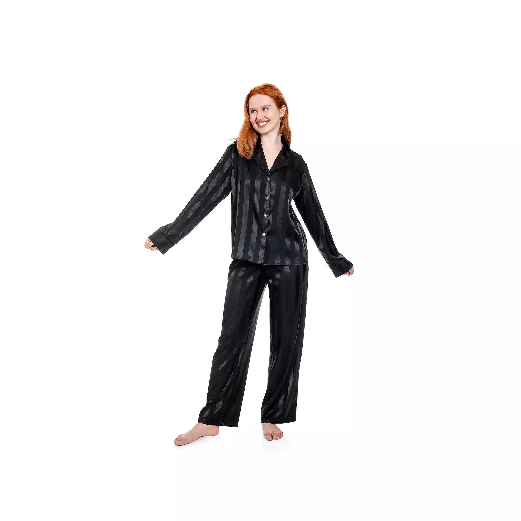 Women's Lilac+London Long Satin Notch Collar Pajama Top & Pajama Bottoms Set, Size: XXL LONG, Red Product Image