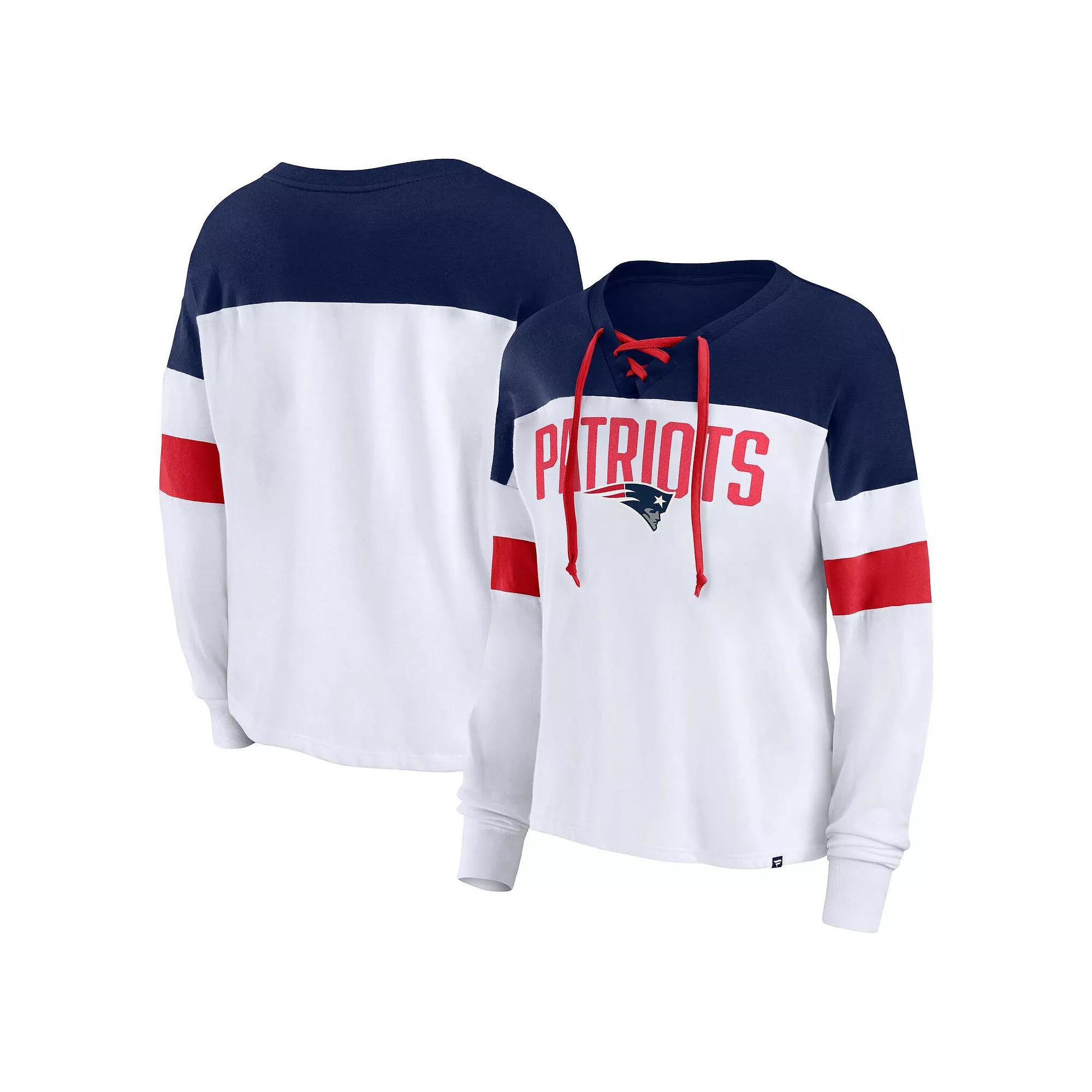 Women's Fanatics Branded White/Navy New England Patriots Plus Size Even Match Lace-Up Long Sleeve V-Neck T-Shirt, Size: 3XL Product Image