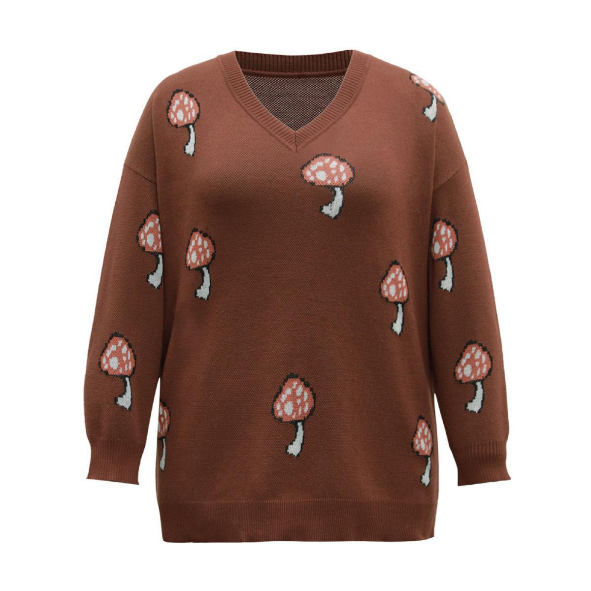 Plus Size Mushroom Knit V Neck Jacquard Pullover Maroon Women Casual Loose Long Sleeve V-neck Dailywear Pullovers BloomChic 30/6X Product Image