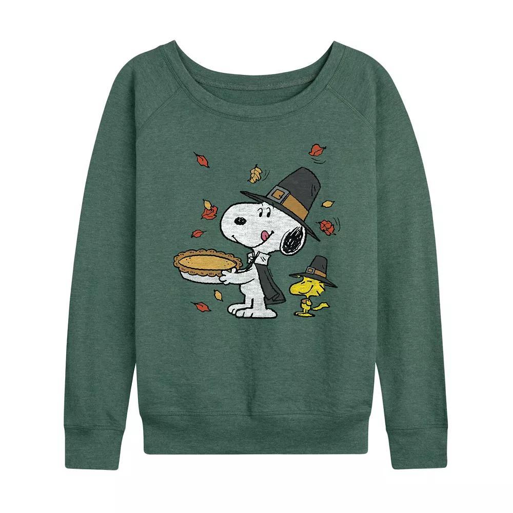 Plus Size Peanuts Snoopy & Woodstock Thanksgiving French Terry Long Sleeve Tee, Womens Grey Green Product Image
