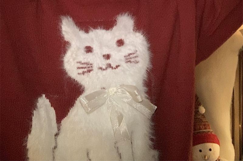Long-Sleeve Crewneck Cat Sweater Product Image