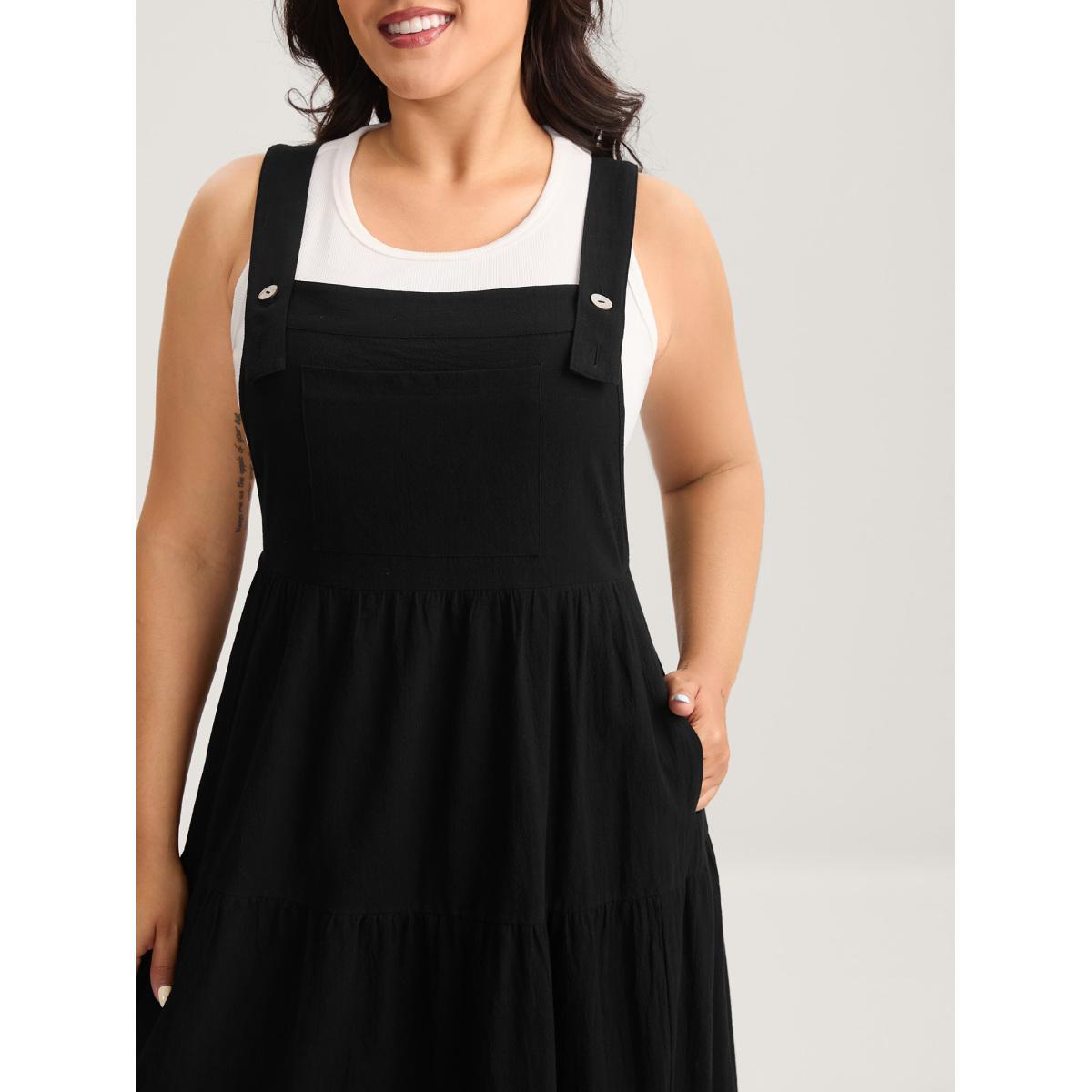 Plus Size Pure Cotton Diagonal Pockets Midi Dress Black Women Square Neck Sleeveless Curvy BloomChic 26/4X Product Image