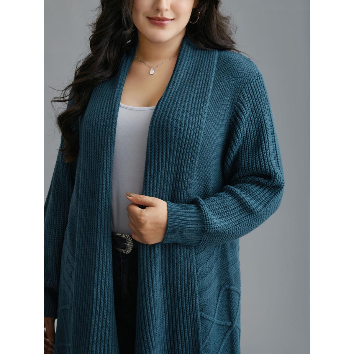 Plus Size Cable Knit Asymmetrical Hem Open-Front Cardigan Cyan Women Casual Loose Long Sleeve Everyday Cardigans BloomChic 10/M Product Image