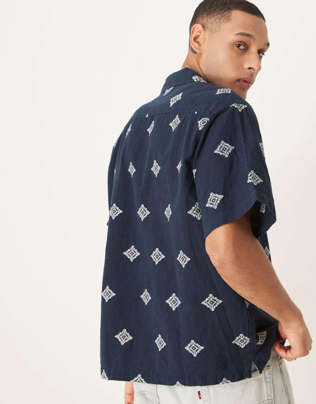 Selected Homme boxy fit revere collar shirt with embroidery in navy  Product Image