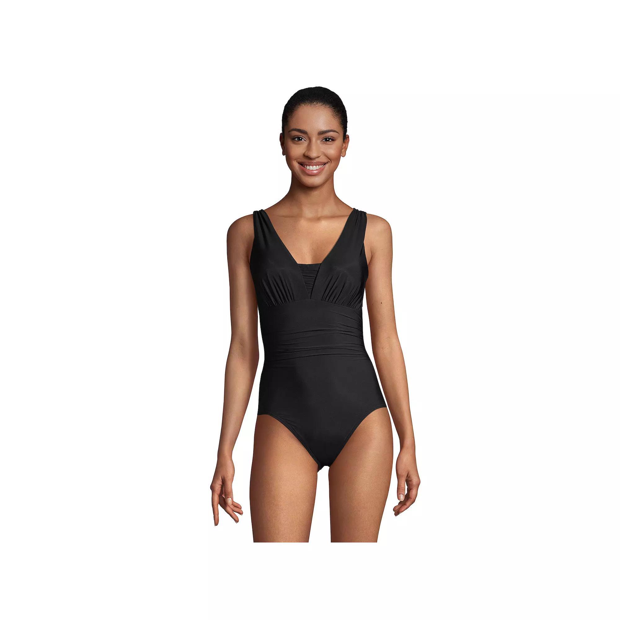 Women's Lands' End Grecian Slendersuit Tummy Control One-Piece Swimsuit, Size: 8 Ddd, Black Product Image